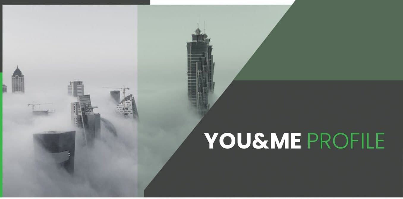 Dubai towers rising through fog on the cover of the You & Me Planet corporate profile