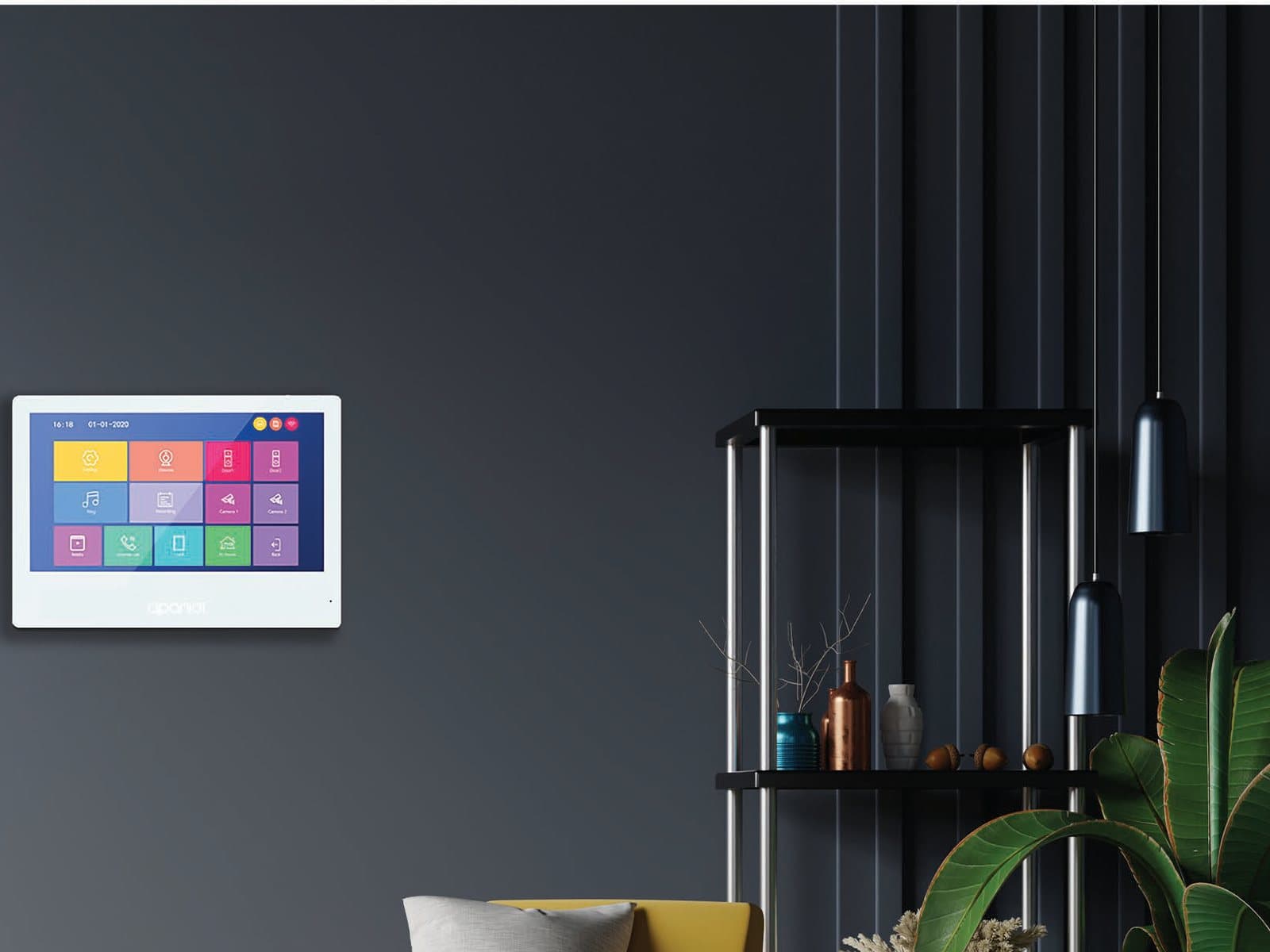 Apaniot indoor video door phone monitor on a dark panelled wall