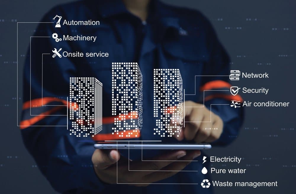 Illustration from Eye On's 2024 material: a person holding a tablet in front of building outlines, labelled automation, machinery, on-site service, network, security, air conditioner, electricity, pure water and waste management